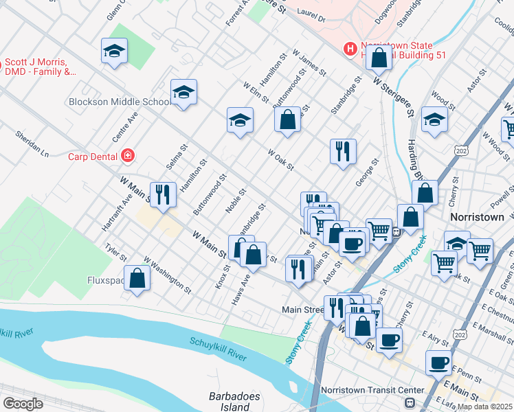 map of restaurants, bars, coffee shops, grocery stores, and more near 569 Stanbridge Street in Norristown
