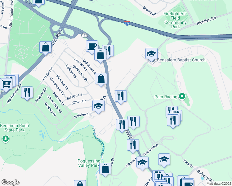 map of restaurants, bars, coffee shops, grocery stores, and more near 3029 Essington Way in Bucks County
