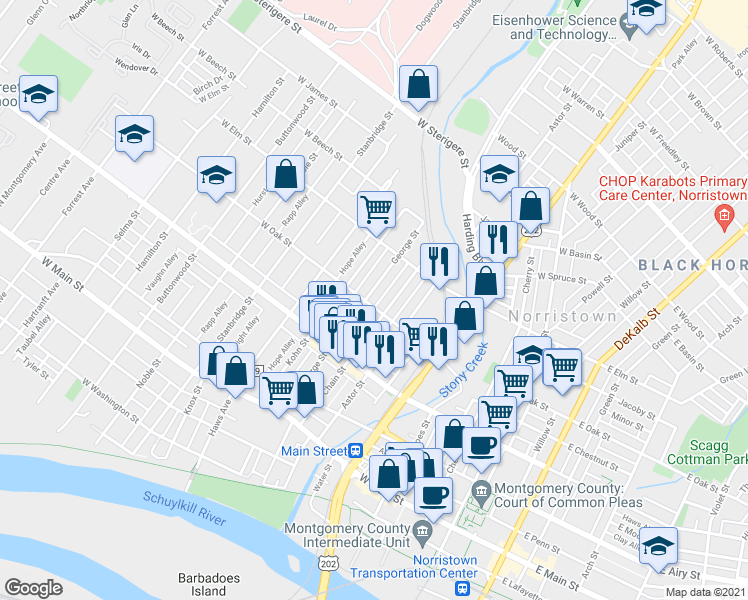 map of restaurants, bars, coffee shops, grocery stores, and more near 704 George Street in Norristown