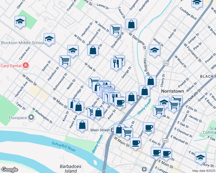 map of restaurants, bars, coffee shops, grocery stores, and more near 652 Kohn Street in Norristown