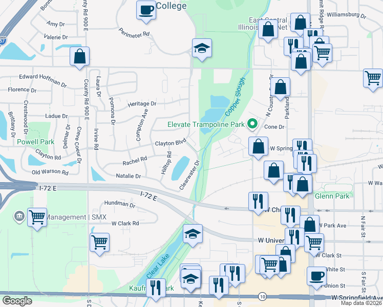 map of restaurants, bars, coffee shops, grocery stores, and more near 507 Clearwater Drive in Champaign