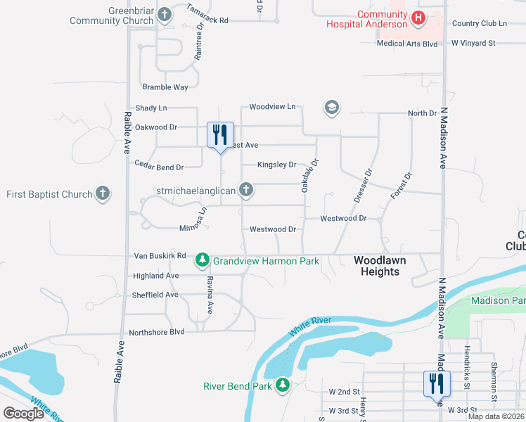 map of restaurants, bars, coffee shops, grocery stores, and more near 1811 Mimosa Lane in Anderson