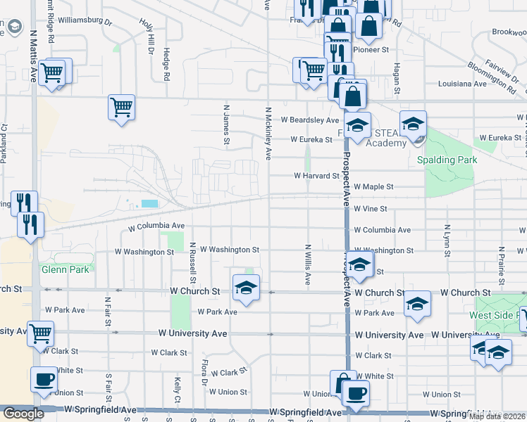 map of restaurants, bars, coffee shops, grocery stores, and more near 609 N Mckinley Ave in Champaign