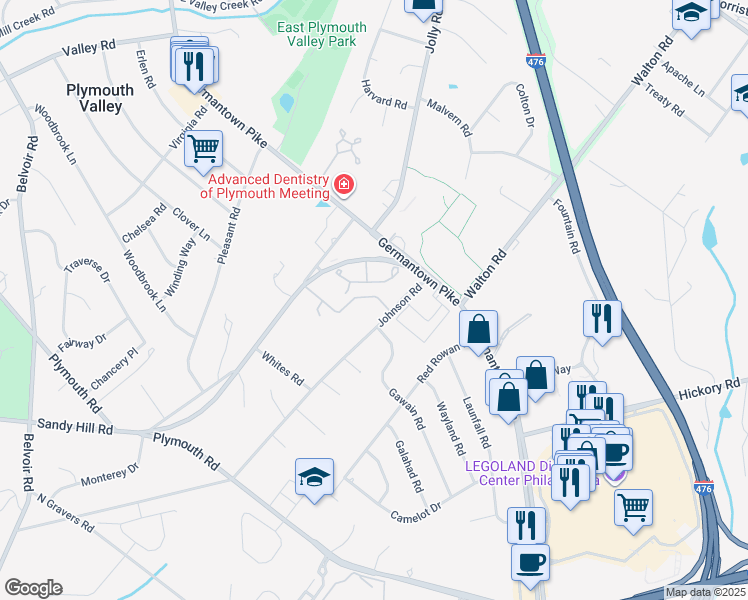 map of restaurants, bars, coffee shops, grocery stores, and more near 1935 Johnson Road in Plymouth Meeting