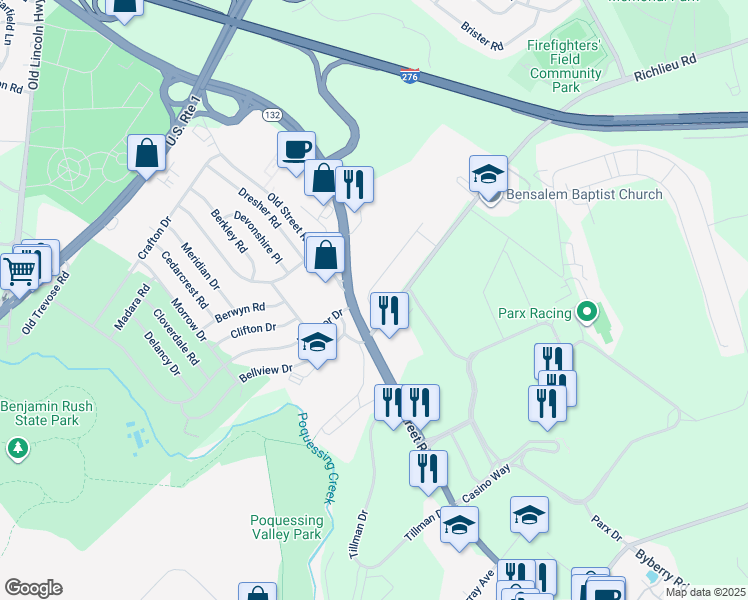 map of restaurants, bars, coffee shops, grocery stores, and more near 3029 Essington Way in Bucks County