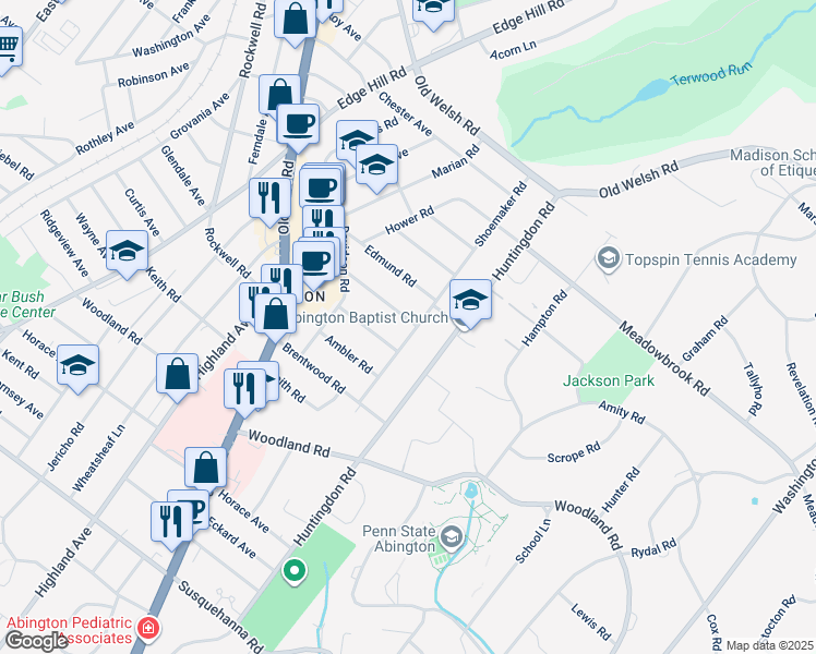 map of restaurants, bars, coffee shops, grocery stores, and more near 1824 London Road in Abington