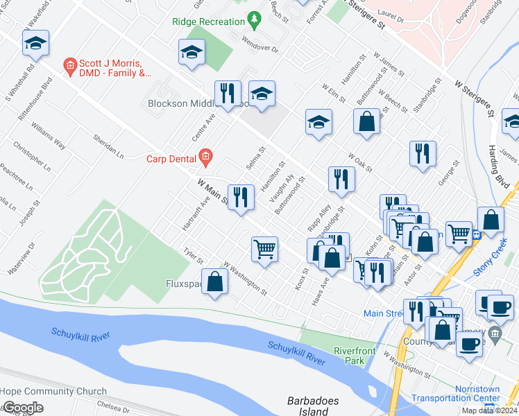 map of restaurants, bars, coffee shops, grocery stores, and more near 1120 West Airy Street in Norristown