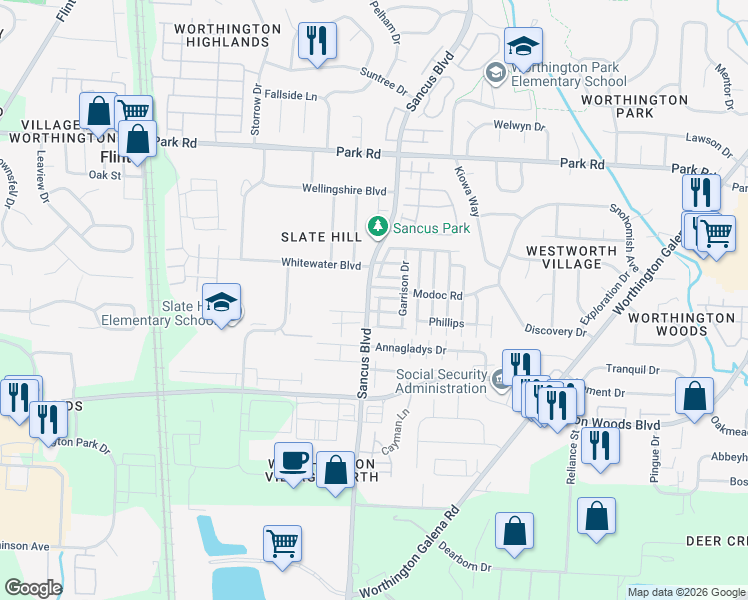 map of restaurants, bars, coffee shops, grocery stores, and more near 7685 Reedy Drive in Columbus