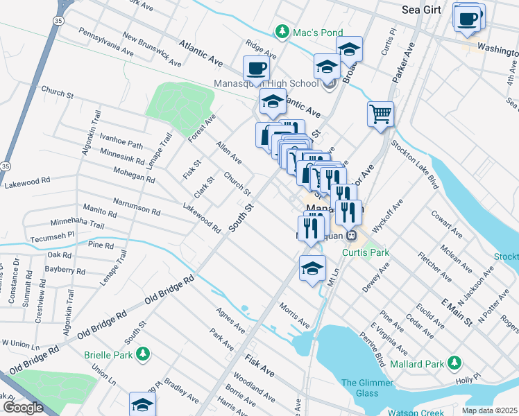 map of restaurants, bars, coffee shops, grocery stores, and more near 11 Curtis Avenue in Manasquan