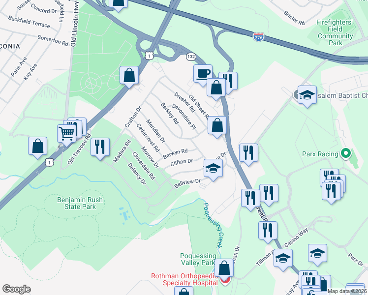 map of restaurants, bars, coffee shops, grocery stores, and more near 2806 Berwyn Road in Bensalem