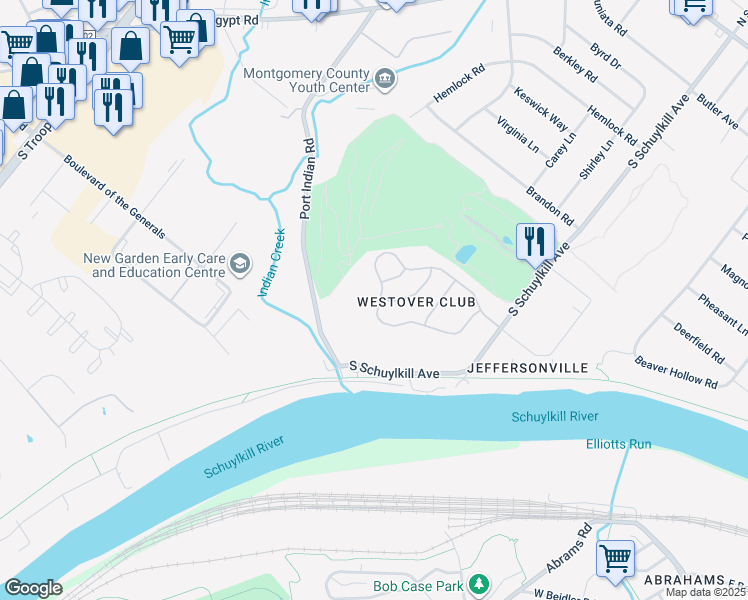 map of restaurants, bars, coffee shops, grocery stores, and more near 2060 Yorktown North in Norristown