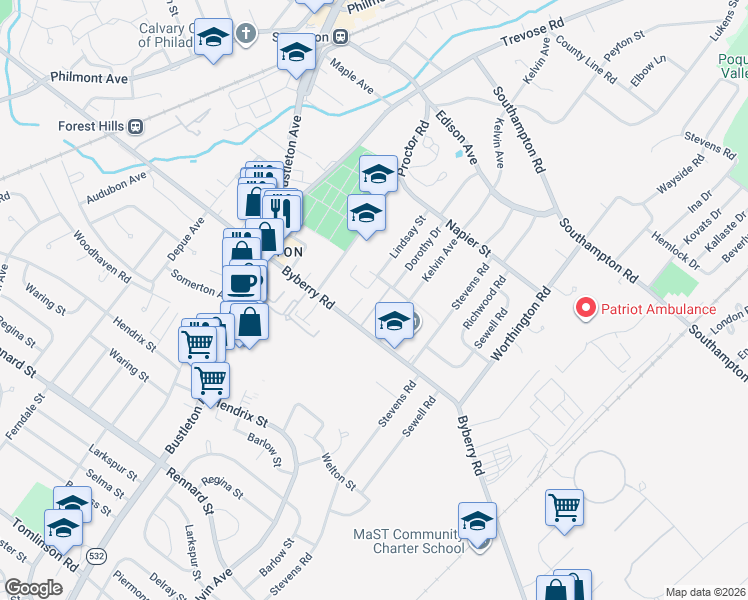 map of restaurants, bars, coffee shops, grocery stores, and more near 13010 Gaston Lane in Philadelphia