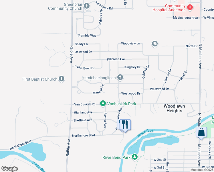 map of restaurants, bars, coffee shops, grocery stores, and more near 2103 Mimosa Lane in Anderson
