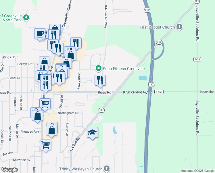 map of restaurants, bars, coffee shops, grocery stores, and more near 1315 Kitchen Aid Way in Greenville
