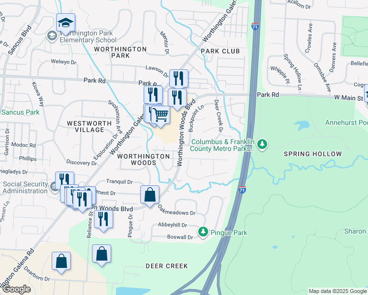 map of restaurants, bars, coffee shops, grocery stores, and more near 7546 Deercreek Drive in Worthington
