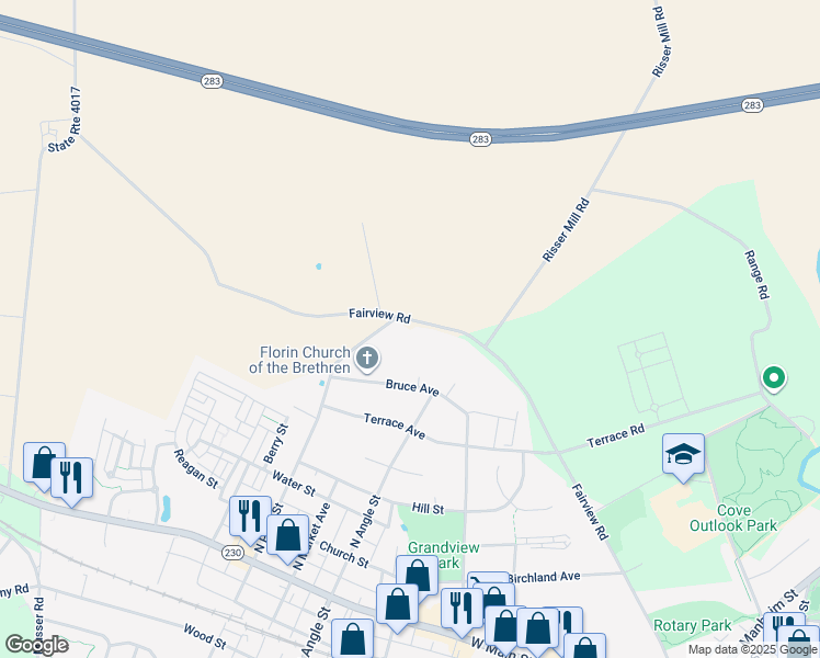 map of restaurants, bars, coffee shops, grocery stores, and more near 786 Fairview Road in Mount Joy