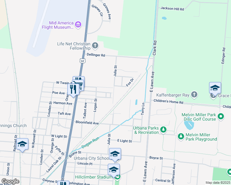 map of restaurants, bars, coffee shops, grocery stores, and more near 441 Julia Street in Urbana