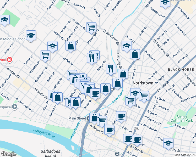 map of restaurants, bars, coffee shops, grocery stores, and more near 723 Chain Street in Norristown
