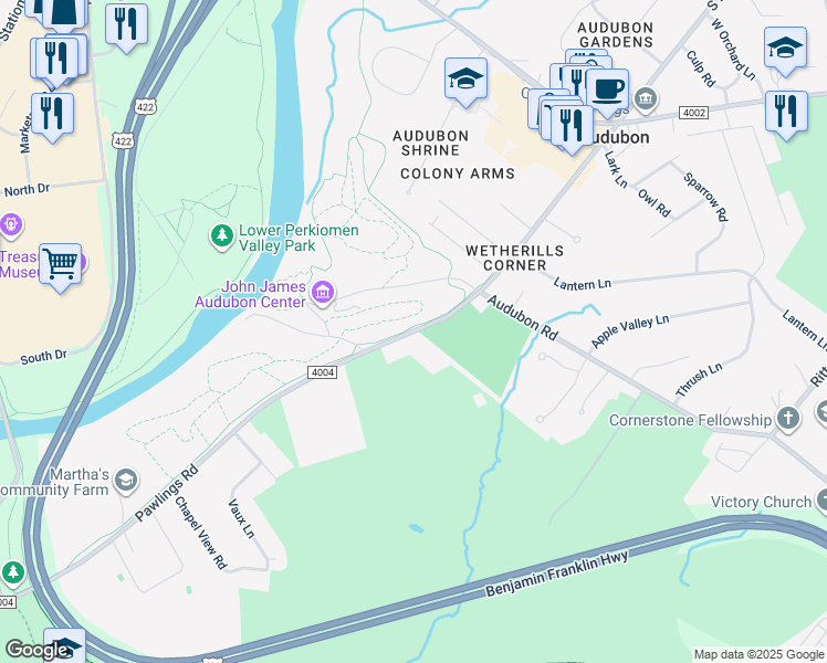 map of restaurants, bars, coffee shops, grocery stores, and more near 1114 Pawlings Road in Norristown