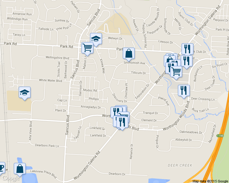 map of restaurants, bars, coffee shops, grocery stores, and more near 1024 Discovery Dr in Worthington