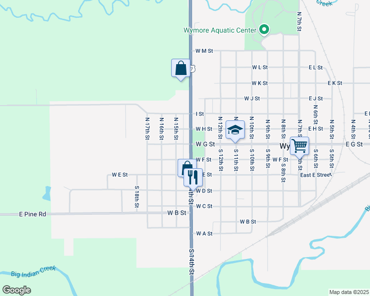 map of restaurants, bars, coffee shops, grocery stores, and more near 103 South 14th Street in Wymore