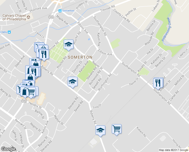 map of restaurants, bars, coffee shops, grocery stores, and more near 13036 Richwood Road in Philadelphia