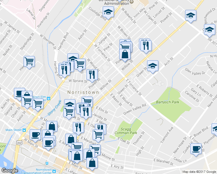 map of restaurants, bars, coffee shops, grocery stores, and more near 1211 DeKalb Street in Norristown