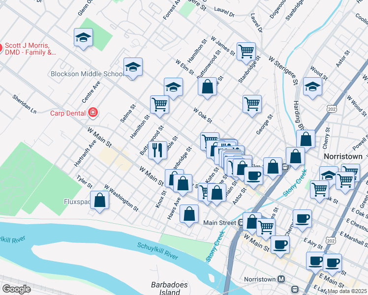 map of restaurants, bars, coffee shops, grocery stores, and more near 569 Stanbridge Street in Norristown