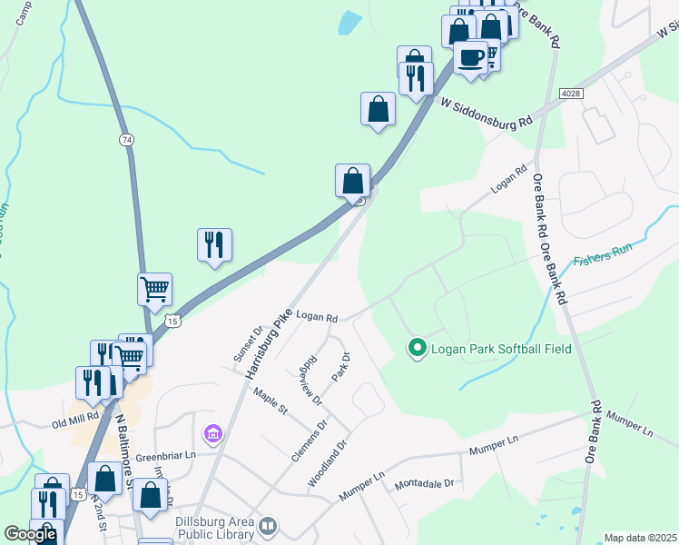 map of restaurants, bars, coffee shops, grocery stores, and more near 718 Harrisburg Pike in Dillsburg
