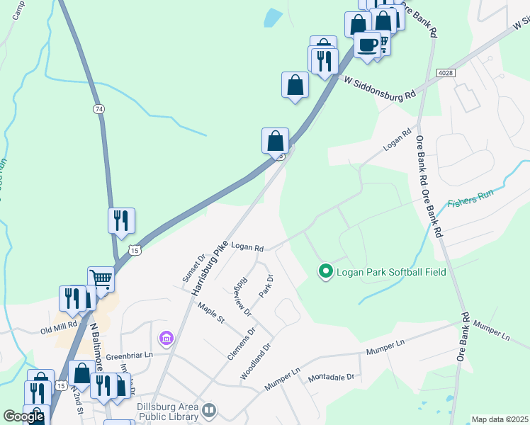 map of restaurants, bars, coffee shops, grocery stores, and more near 718 Harrisburg Pike in Dillsburg