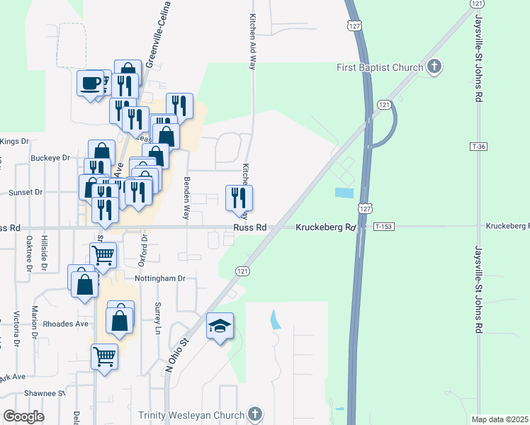 map of restaurants, bars, coffee shops, grocery stores, and more near 1315 Kitchen Aid Way in Greenville