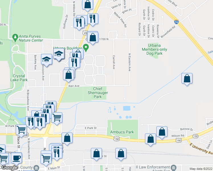 map of restaurants, bars, coffee shops, grocery stores, and more near 1022 East Kerr Avenue in Urbana