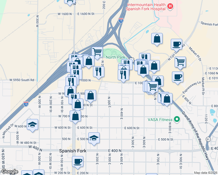 map of restaurants, bars, coffee shops, grocery stores, and more near 322 East 1000 North in Spanish Fork