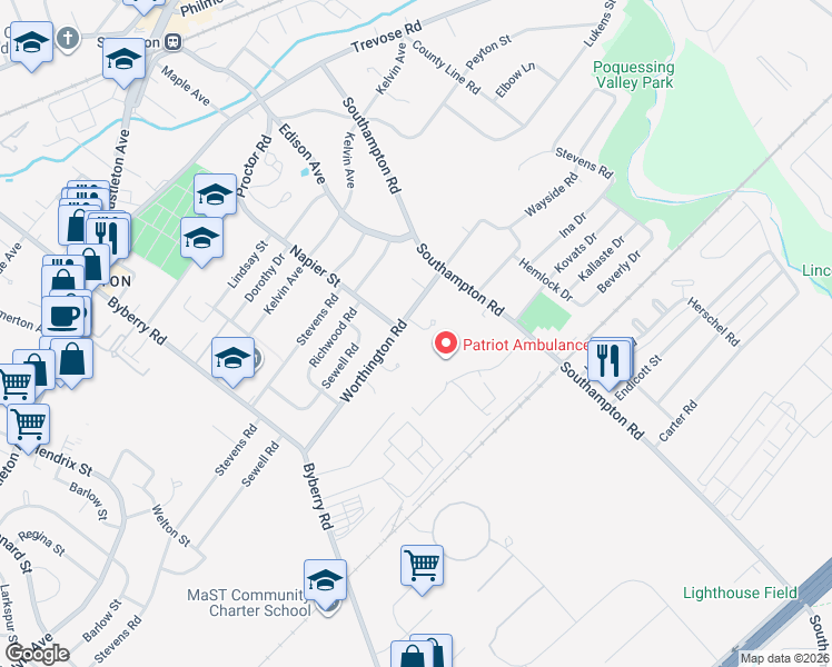 map of restaurants, bars, coffee shops, grocery stores, and more near 13111 Worthington Road in Philadelphia