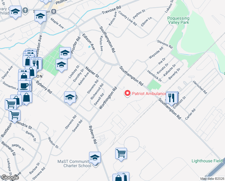 map of restaurants, bars, coffee shops, grocery stores, and more near 13111 Worthington Road in Philadelphia