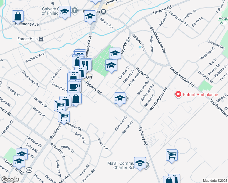 map of restaurants, bars, coffee shops, grocery stores, and more near 13010 Gaston Lane in Philadelphia