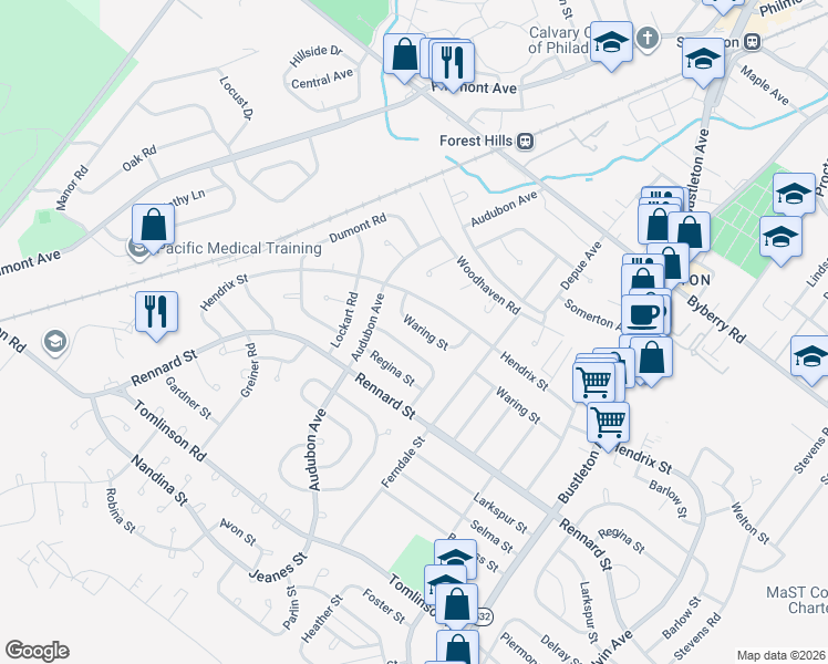 map of restaurants, bars, coffee shops, grocery stores, and more near 419 Densmore Road in Philadelphia