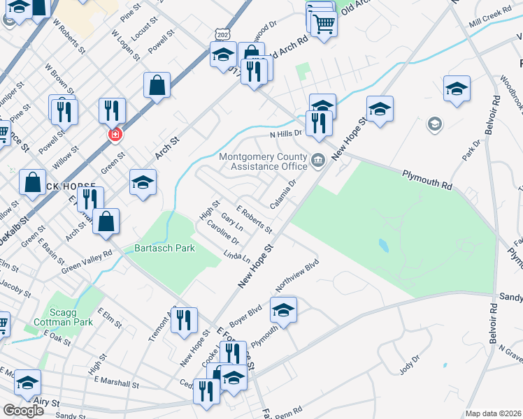 map of restaurants, bars, coffee shops, grocery stores, and more near 626 Calamia Drive in Norristown