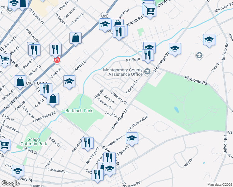 map of restaurants, bars, coffee shops, grocery stores, and more near 620 East Roberts Street in Norristown