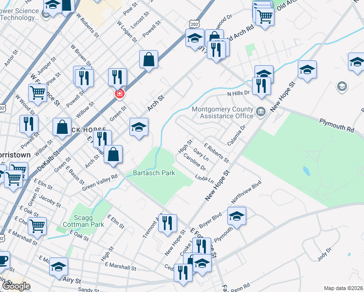 map of restaurants, bars, coffee shops, grocery stores, and more near 1605 High Street in Norristown