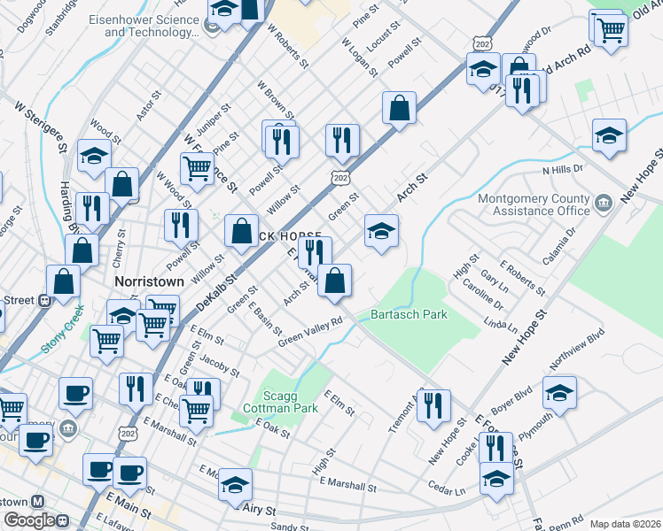 map of restaurants, bars, coffee shops, grocery stores, and more near 1408 Arch Street in Norristown