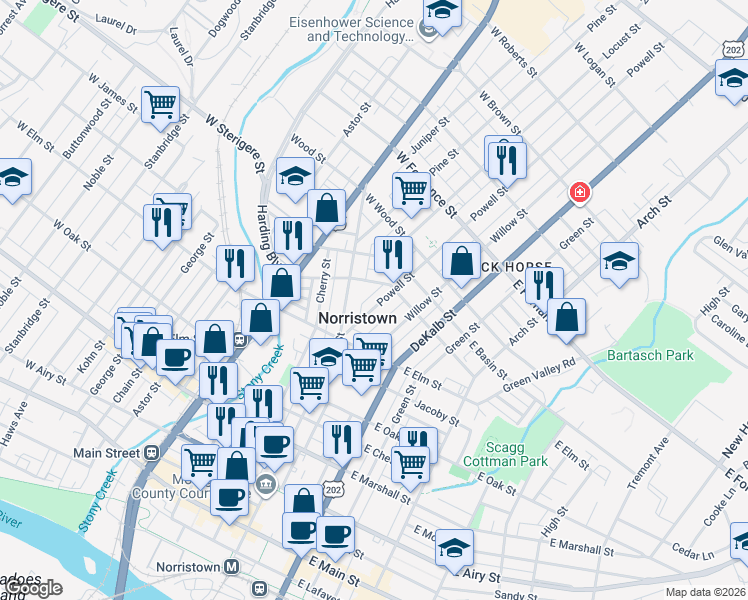 map of restaurants, bars, coffee shops, grocery stores, and more near 1065 Powell Street in Norristown