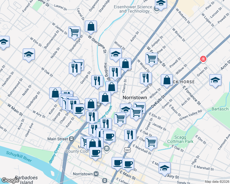 map of restaurants, bars, coffee shops, grocery stores, and more near 1027 Park Alley in Norristown