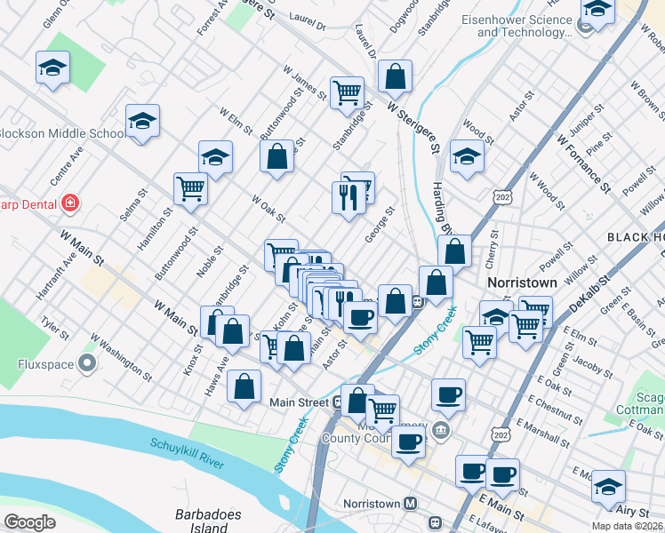 map of restaurants, bars, coffee shops, grocery stores, and more near 654 Kohn Street in Norristown