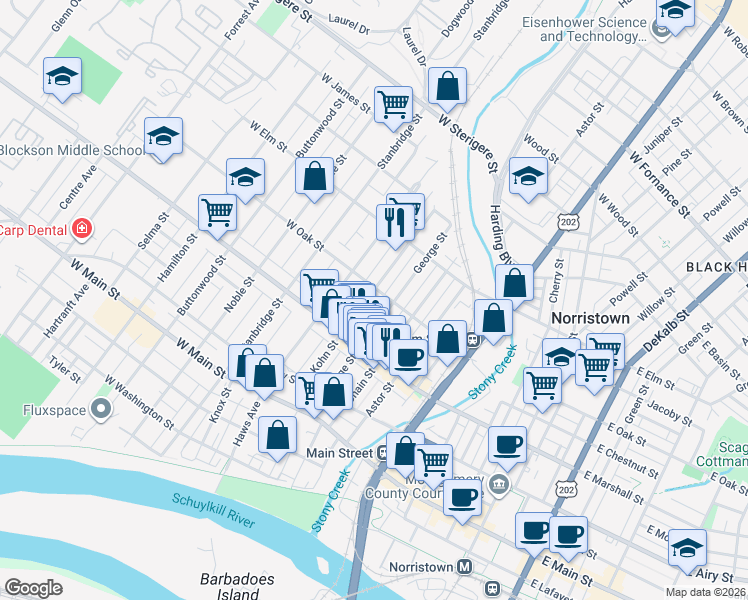 map of restaurants, bars, coffee shops, grocery stores, and more near 654 Kohn Street in Norristown