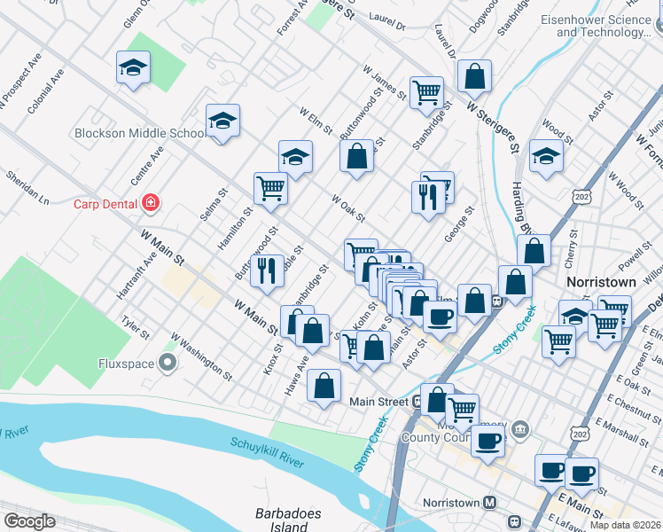 map of restaurants, bars, coffee shops, grocery stores, and more near 822 West Marshall Street in Norristown