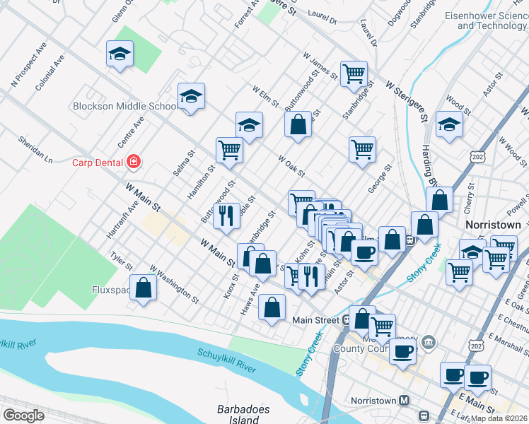 map of restaurants, bars, coffee shops, grocery stores, and more near 565 Stanbridge Street in Norristown
