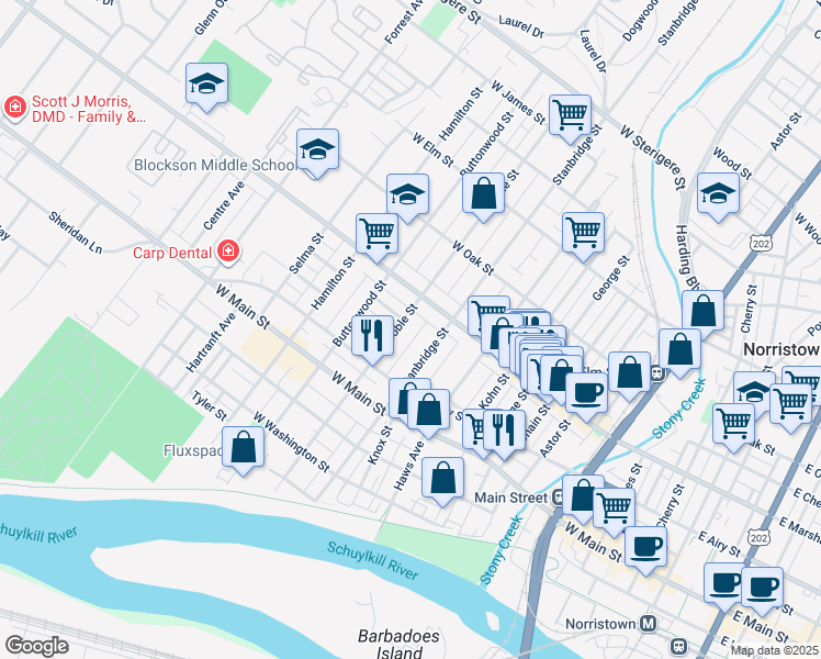 map of restaurants, bars, coffee shops, grocery stores, and more near 558 Noble Street in Norristown