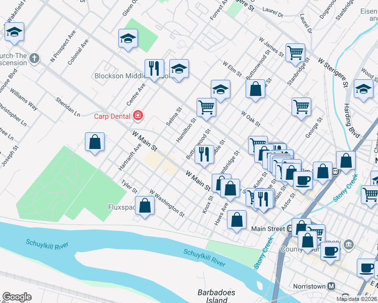 map of restaurants, bars, coffee shops, grocery stores, and more near 500 Buttonwood Street in Norristown