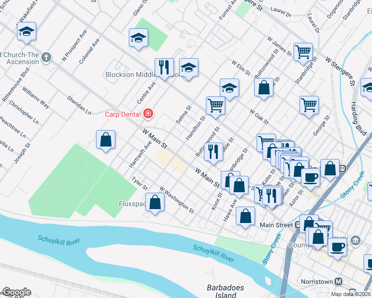map of restaurants, bars, coffee shops, grocery stores, and more near 1120 West Airy Street in Norristown